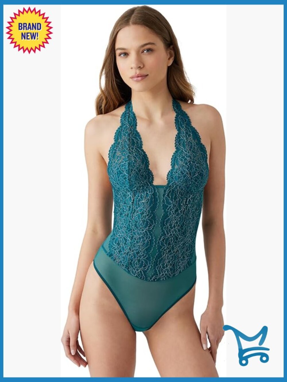 Wire Free Halter Thong Bodysuit - Plunge Lace Shapewear